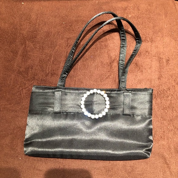 Black Satin Evening Bag for Women Handled Purse with Embellished Crystals Buckle - Picture 6 of 9